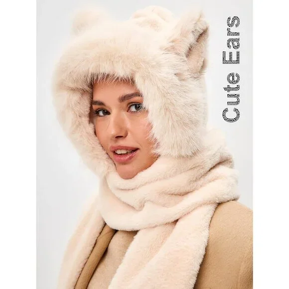 Kids Beige Faux fur Cute Cat Ears Winter Hat, 3 in 1 Plush Animal Hat Imported